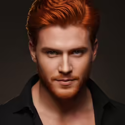 red headed man with thick red hair on a black shirt