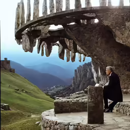 an old man is sitting on a stone bench