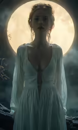 a woman with large breast standing in front of the moon