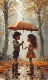 two children, one holding a brown umbrella and standing in the rain, are facing each other