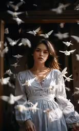 a woman standing with white birds flying in the air