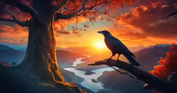 an artwork depicting a bird in a tree sitting on the branch