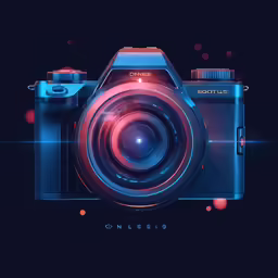 the camera with glowing lens on a black background