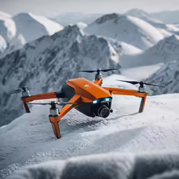 an orange flying in front of a mountain with snow on the ground