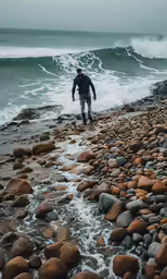 a person walking in the ocean on rocks
