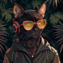 a cat with red and yellow glasses wearing a jacket