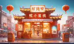 oriental architecture in front of a building with chinese characters