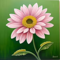 a painting of a flower on a green background,painting of a large flower is displayed on the easel
