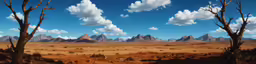 a painting of an empty desert with trees
