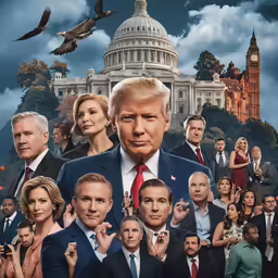 a poster of the white house with several people surrounding it