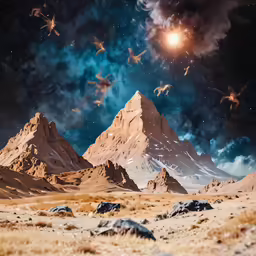 some birds flying in the sky above mountains