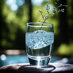 the water is pouring into a glass next to a tree