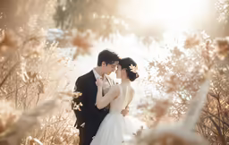 a couple in their wedding attire holding each other