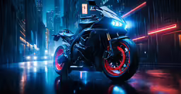 a motorcycle parked on a rainy street with neon lights