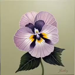 a picture with a purple flower and green leaves,a painting of a flower with green leaves