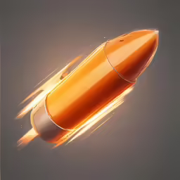 an orange missile flying through the air on a grey background