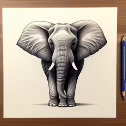 a drawing of an elephant that looks like it is standing up,an elephant drawn by a pencil on a paper with the image of an elephant behind it,a pencil drawing of a elephant, on a piece of paper,a pencil drawing of an elephant with it