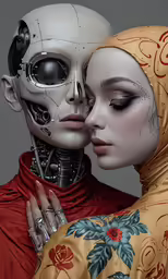 two women in costume one is holding her head towards the other