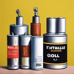 various cans and one container are lined up on the counter