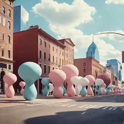 a street scene with balloon sculptures and cars