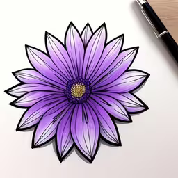 a drawing of a purple flower with a gold center,a drawing of a flower on a piece of paper,a drawing of a purple flower sitting on top of a paper,the drawing has blue petals in the middle,a pen on top of paper that has a drawing of a purple flower