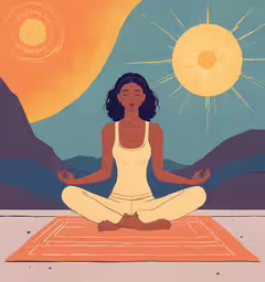 woman meditating in a yoga position, with a mountain backdrop,woman sitting in a yoga pose with mountain background and sky in the distance