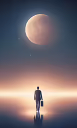 a man standing in front of the moon on a calm ocean