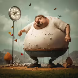 a giant, fat man standing in front of a clock on a field