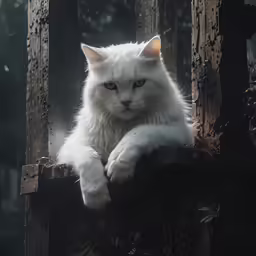 a white cat sits on top of a large wooden frame