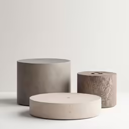 two concrete stools with one sitting on top of a table