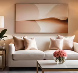 a living room has a painting on the wall