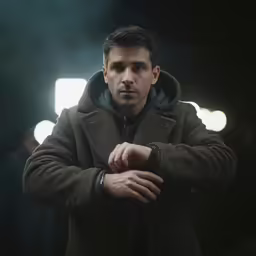 a man standing in front of a wall, wearing a coat and watch