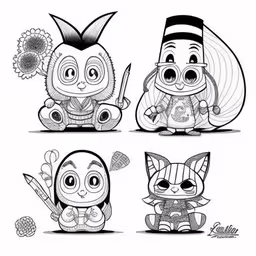 five different cute animals with black and white coloring,cartoon animals that have different kinds of costumes