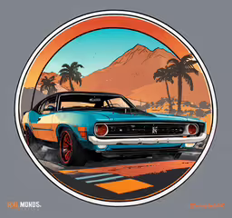 a car painted in a retro style on a grey background,a blue car in the middle of a road with palm trees