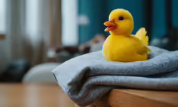 a small rubber ducky sits on a cloth