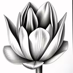 an image of a large flower drawn in pencil,a drawing of a flower with petals and leaves,a drawing of a flower in black and white,an ink drawing of a flower with long petals,a pencil drawing of a large flower with petals