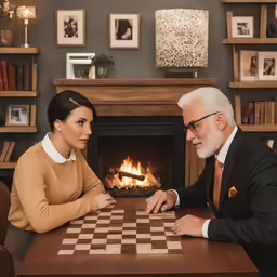 an elderly man and woman are playing chess together