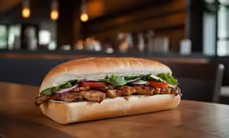 a large meat sandwich is sitting on a table