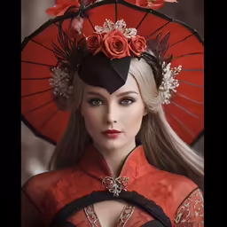 a woman in an asian fashion wearing a fancy hat