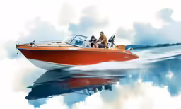 people ride in a red and white boat on the water