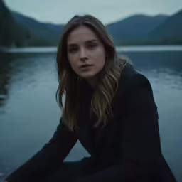 a young woman sitting by a body of water in a dark room