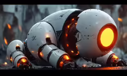 a robot with glowing eyes sitting on the ground