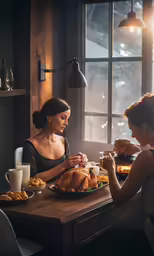 two women sit at a table and enjoy food