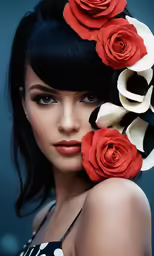 woman wearing a rose and black head piece