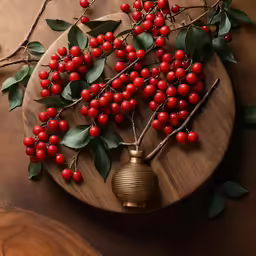 a wooden tray with flowers and berries on it