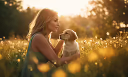 a woman sitting in the grass with a dog