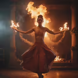 a woman that is standing in the middle of fire