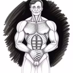 a drawing of a man with a cobra around his torso,an artwork work depicting a muscular man with a scorpion