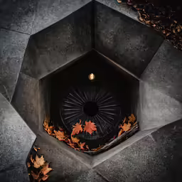 an aerial photo of a concrete structure with autumn leaves
