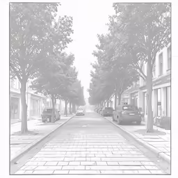 an ink drawing of a sidewalk in a city with buildings and trees